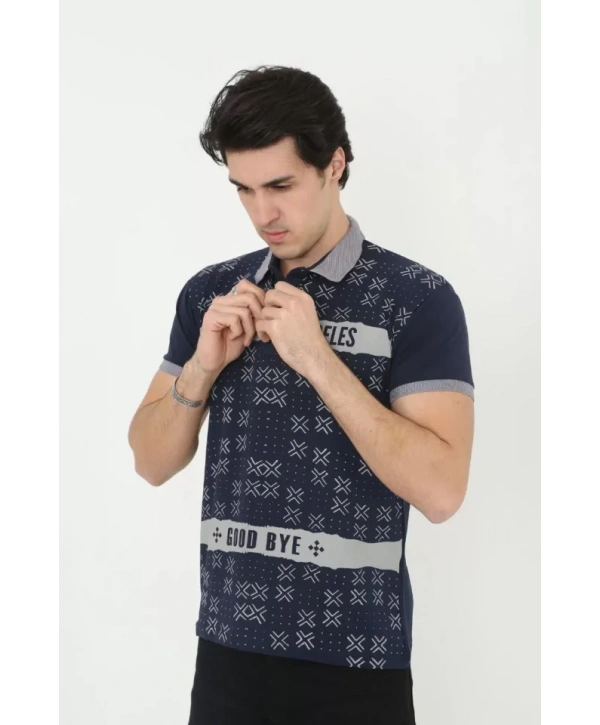 Erkek Yakalı Slim Fit Baskılı T-Shirt - Lacivert