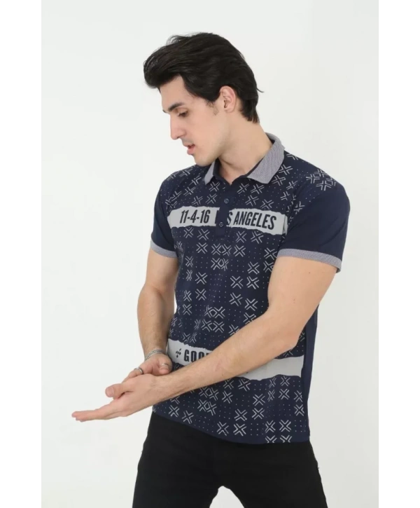 Erkek Yakalı Slim Fit Baskılı T-Shirt - Lacivert