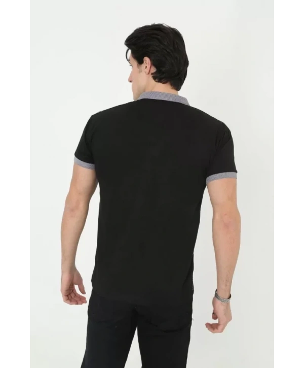 Erkek Yakalı Slim Fit Baskılı T-Shirt - Siyah