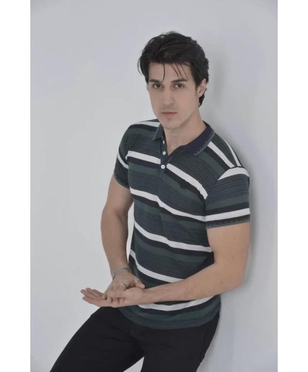 Erkek Yakalı Slim Fit Dokuma Çizgili T-Shirt - Haki