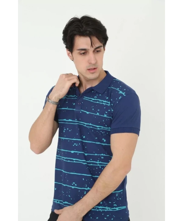 Erkek Yakalı Slim Fit Pike Çizgili T-Shirt - Mavi