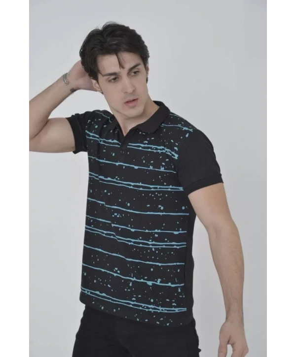 Erkek Yakalı Slim Fit Pike Çizgili T-Shirt - Siyah