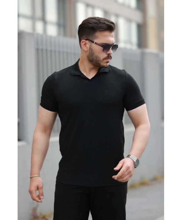 Erkek Yakalı Waffle Dokulu Kısa Kollu Tişört
