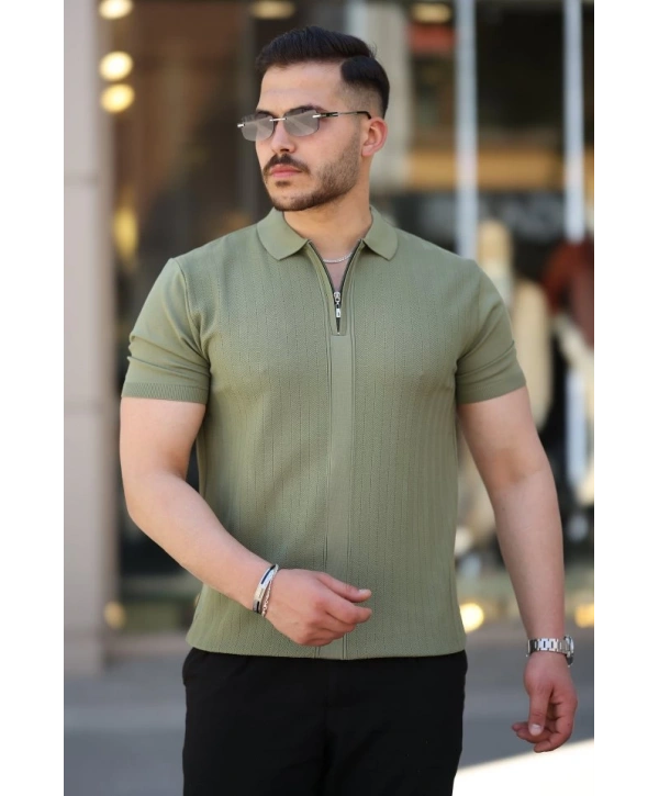 Erkek Yakası Fermuarlı Kısa Kollu T-shirt