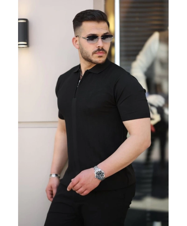 Erkek Yakası Fermuarlı Kısa Kollu T-shirt