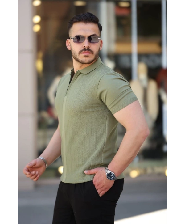 Erkek Yakası Fermuarlı Kısa Kollu T-shirt