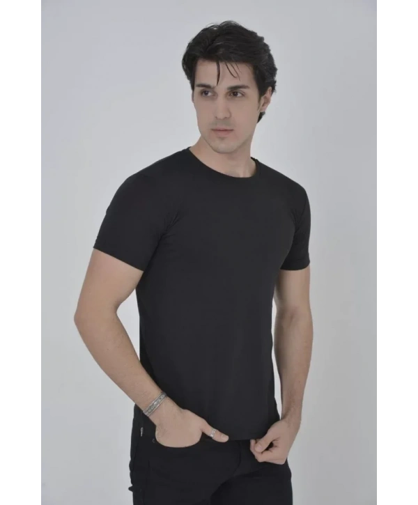 Erkek Yandan Fermuarli Slim Fit T-shirt - Siyah