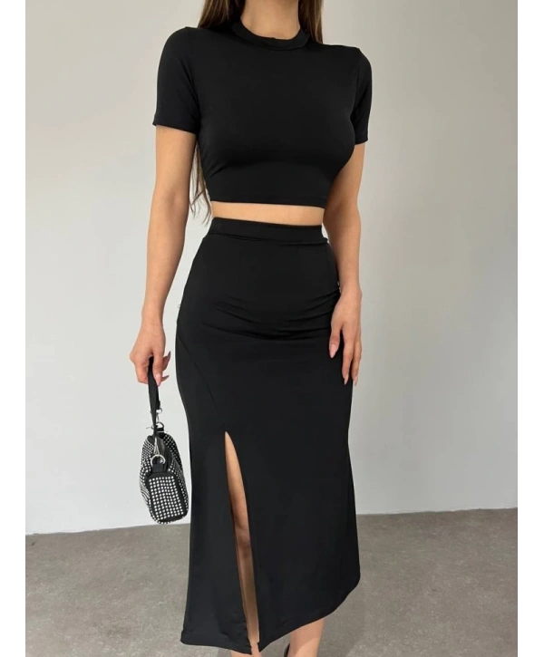 Eteği Yırtmaçlı Sandy Crop Takım -Siyah