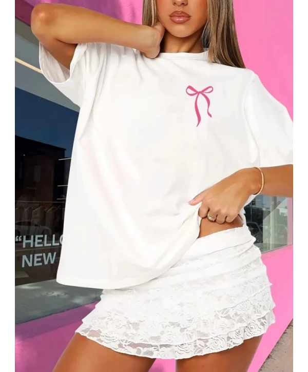 Fiyonk Baskılı Oversize Bisiklet Yaka T-shirt - Beyaz