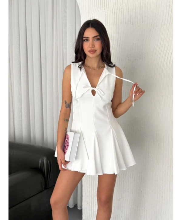 Göğüs Bağlamalı Kolsuz Mini Boy Elbise - Beyaz
