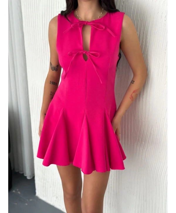Göğüs Bağlamalı Kolsuz Mini Boy Elbise - Pembe