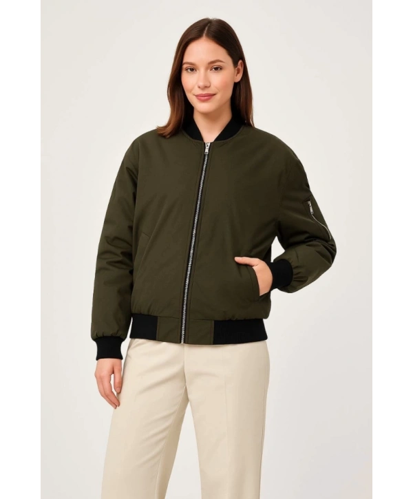 Içi Astarlı Fermuarlı Bomber Mont Ceket - Haki