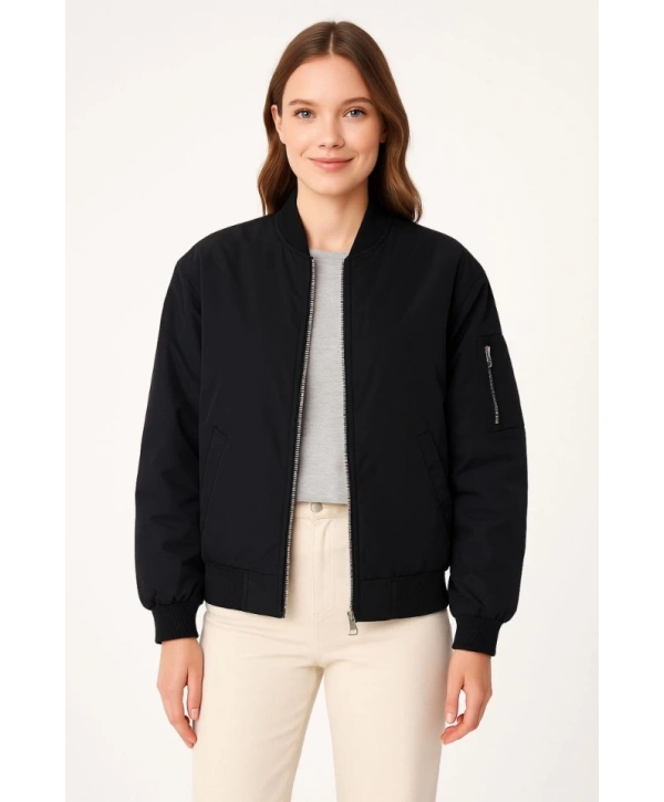 Içi Astarlı Fermuarlı Bomber Mont Ceket - Siyah