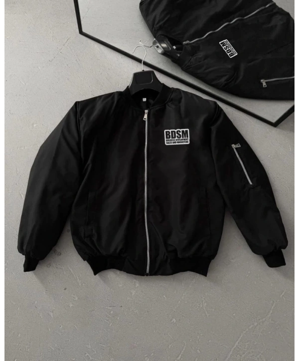 İçi Kapitone Astarlı Tam Kalıp Baskılı Bomber Ceket - Siyah