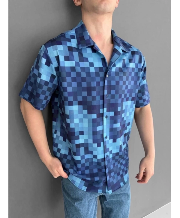 İki İplik Kumaş Baskılı Gömlek - Mavi