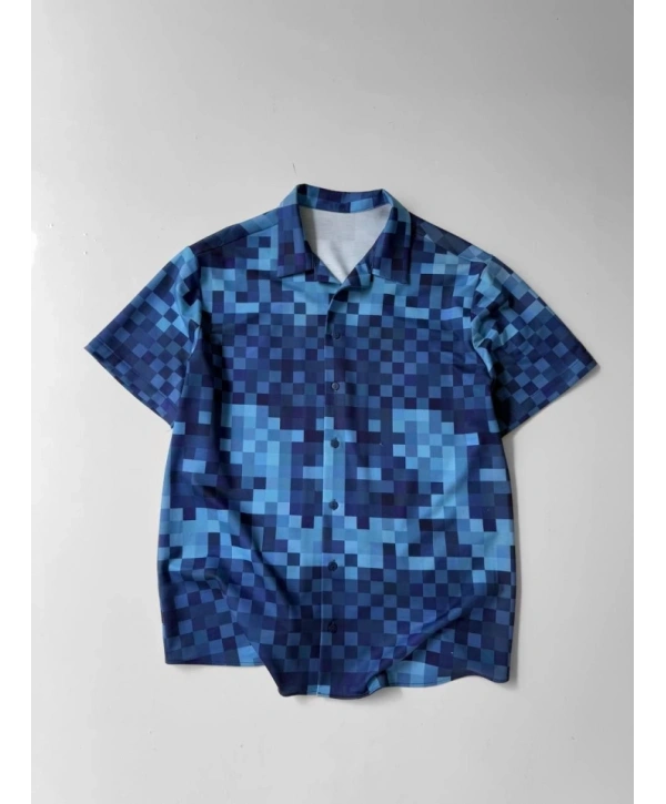 İki İplik Kumaş Baskılı Gömlek - Mavi