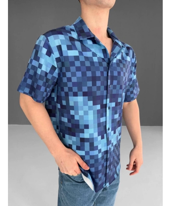 İki İplik Kumaş Baskılı Gömlek - Mavi