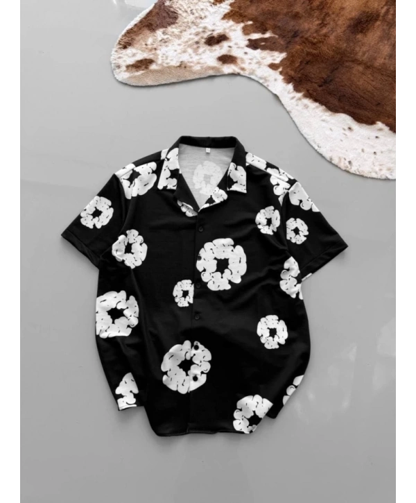 İki İplik Kumaş Baskılı Gömlek - Siyah