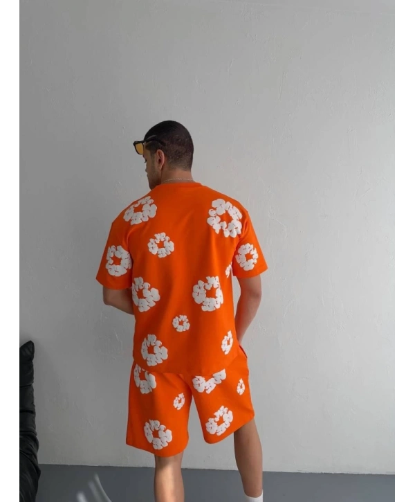 İki İplik Kumaş Baskılı T-shirt Şortlu Takım- Turuncu