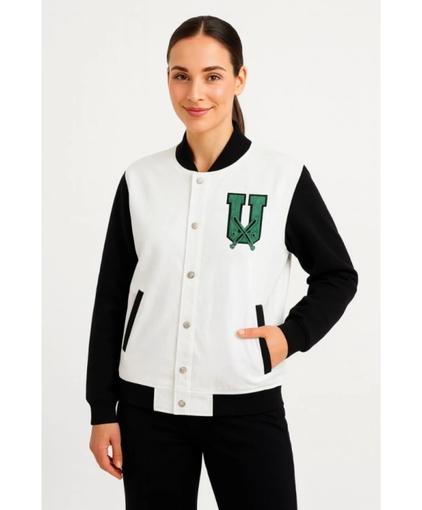 İki İplik Nakış İşlemeli Kolej Ceket - Beyaz