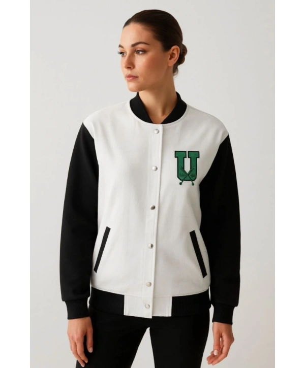 İki İplik Nakış İşlemeli Kolej Ceket - Beyaz