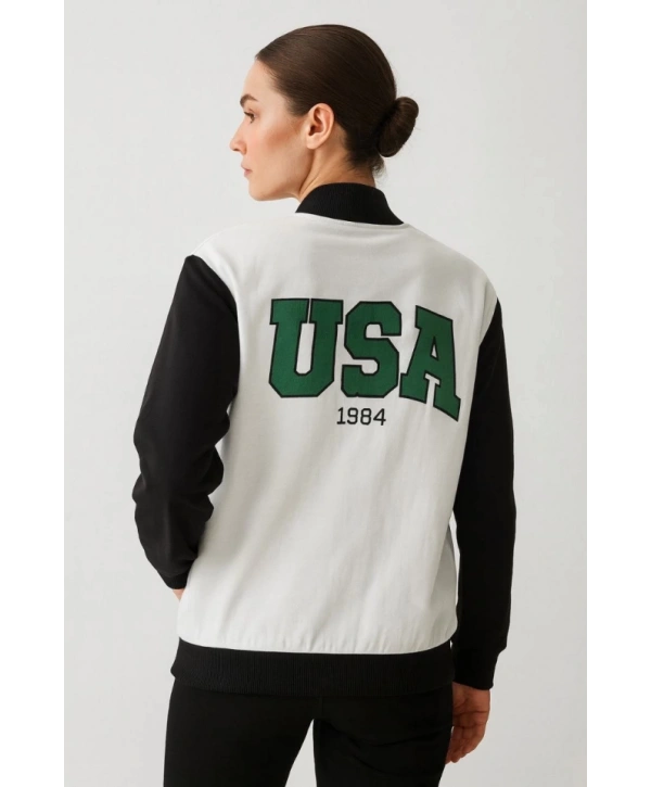 İki İplik Nakış İşlemeli Kolej Ceket - Beyaz