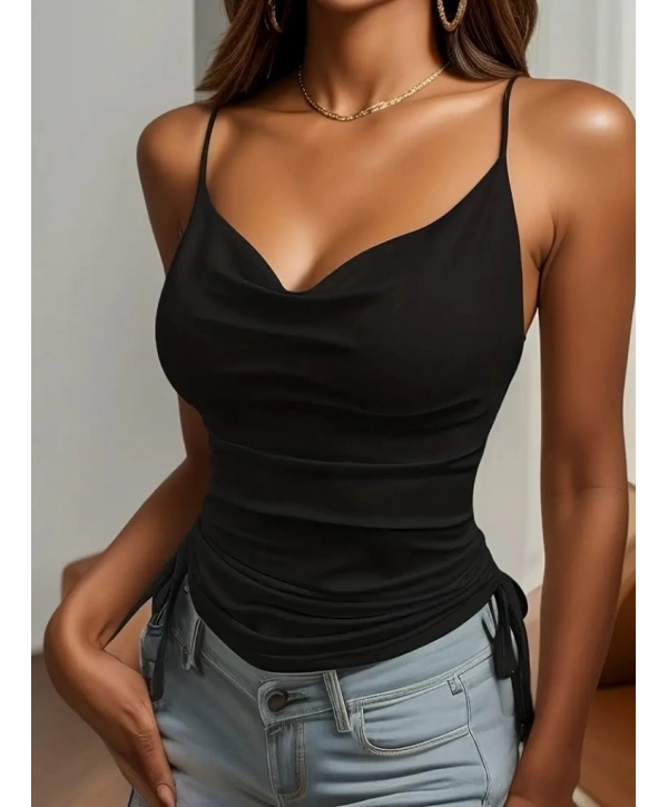 Kadın Askılı Degaje Yaka Yanlardan Büzgülü Sandy Bluz