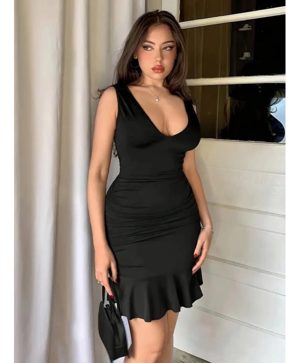 Kadın Askılı Derin V Dekolteli Fırfırlı Janjan Krep Elbise