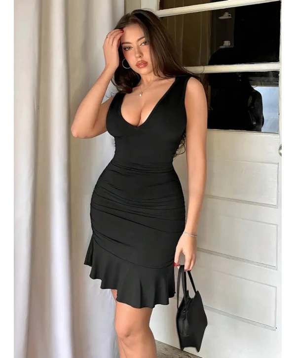 Kadın Askılı Derin V Dekolteli Fırfırlı Janjan Krep Elbise