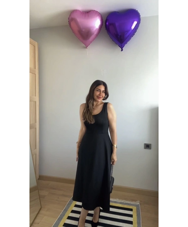 Kadın Askılı Kare Yaka Yırtmaçlı Midi Janjan Krep Elbise