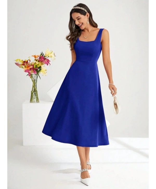 Kadın Askılı Kare Yakalı Midi Ithal Krep Elbise