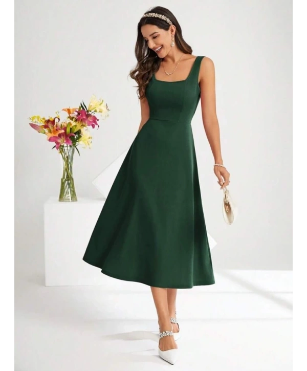 Kadın Askılı Kare Yakalı Midi Ithal Krep Elbise