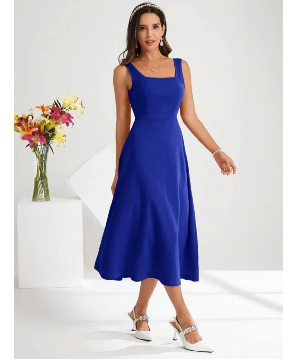 Kadın Askılı Kare Yakalı Midi Ithal Krep Elbise