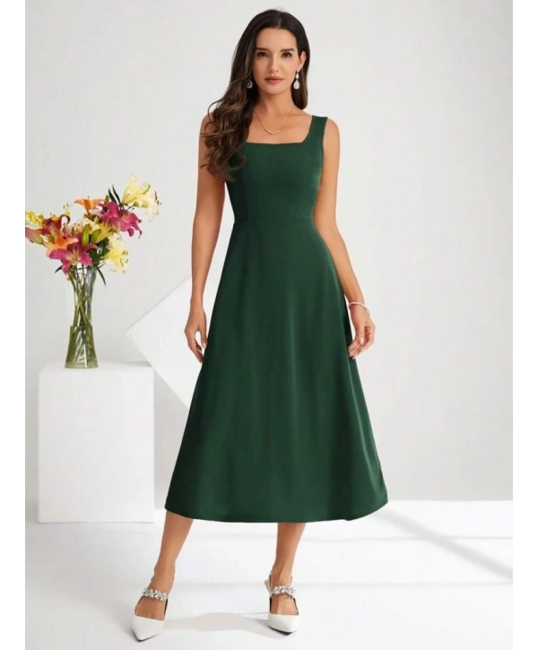 Kadın Askılı Kare Yakalı Midi Ithal Krep Elbise