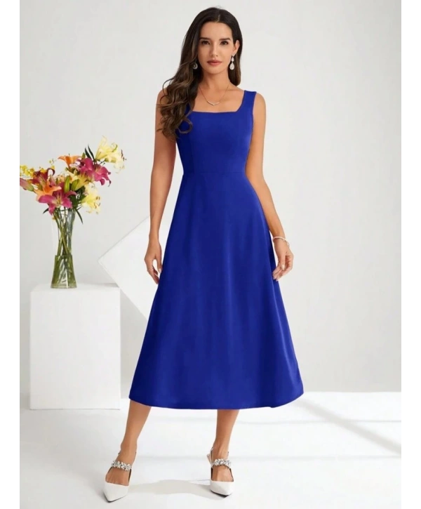 Kadın Askılı Kare Yakalı Midi Ithal Krep Elbise