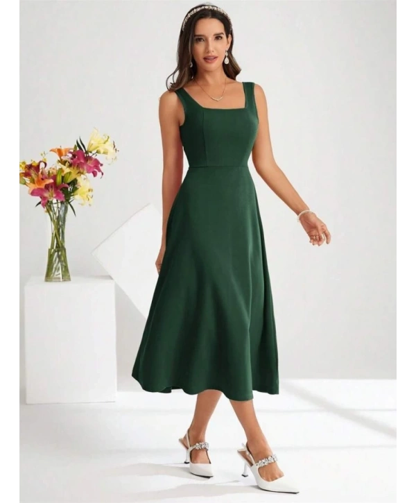 Kadın Askılı Kare Yakalı Midi Ithal Krep Elbise