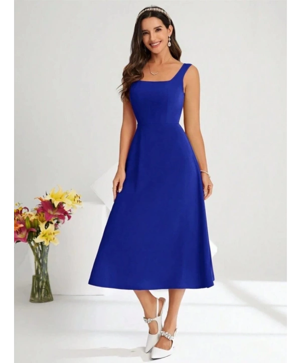 Kadın Askılı Kare Yakalı Midi Ithal Krep Elbise