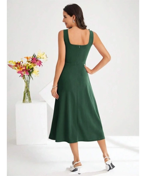 Kadın Askılı Kare Yakalı Midi Ithal Krep Elbise