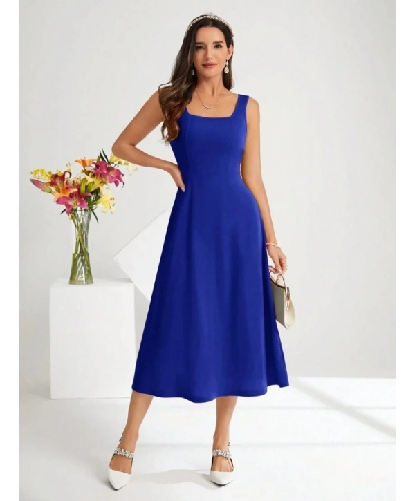 Kadın Askılı Kare Yakalı Midi Ithal Krep Elbise