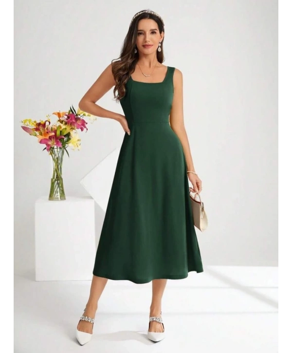 Kadın Askılı Kare Yakalı Midi Ithal Krep Elbise