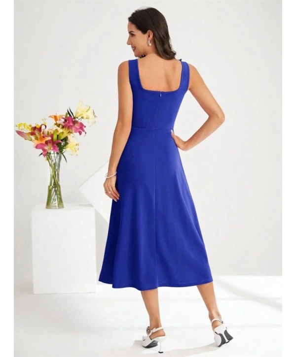 Kadın Askılı Kare Yakalı Midi Ithal Krep Elbise