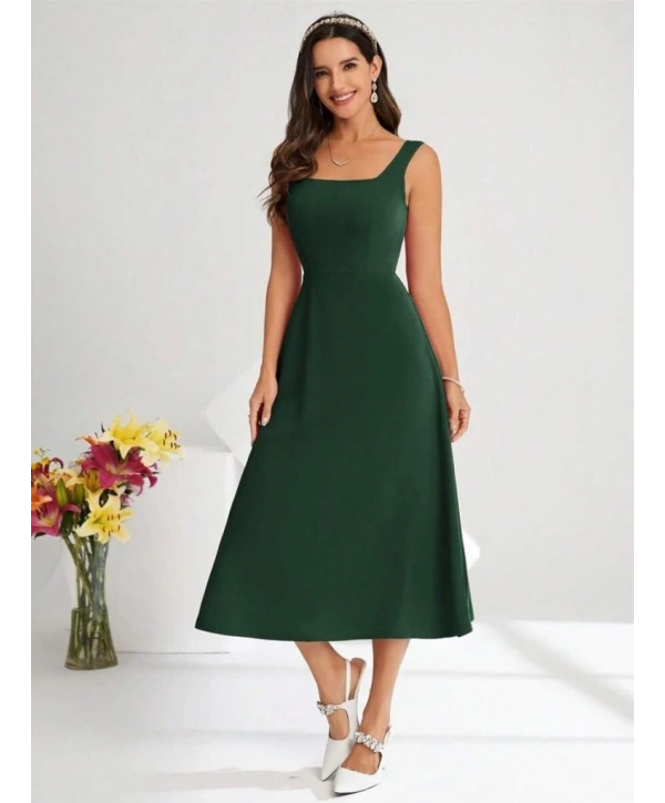 Kadın Askılı Kare Yakalı Midi Ithal Krep Elbise