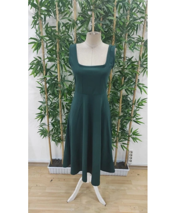 Kadın Askılı Kare Yakalı Midi Ithal Krep Elbise