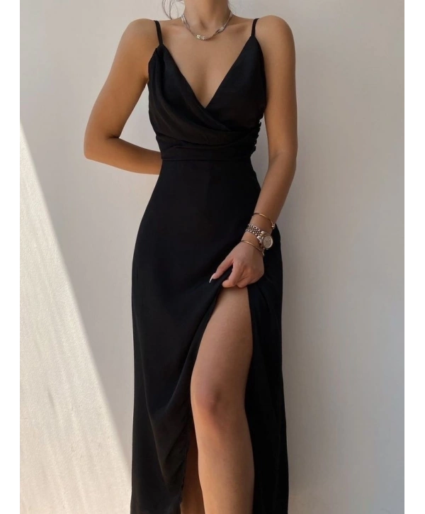 Kadın Askılı Kruvaze Yaka Derin Yırtmaçlı Krep Elbise