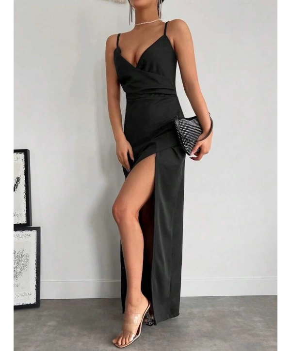 Kadın Askılı Kruvaze Yaka Derin Yırtmaçlı Krep Elbise