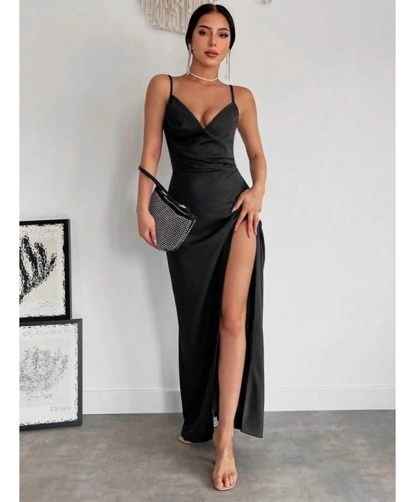 Kadın Askılı Kruvaze Yaka Derin Yırtmaçlı Krep Elbise