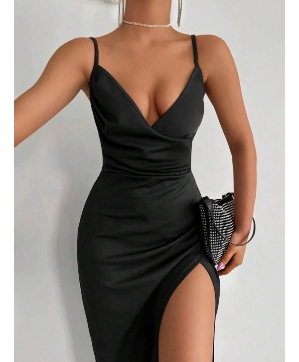 Kadın Askılı Kruvaze Yaka Derin Yırtmaçlı Krep Elbise