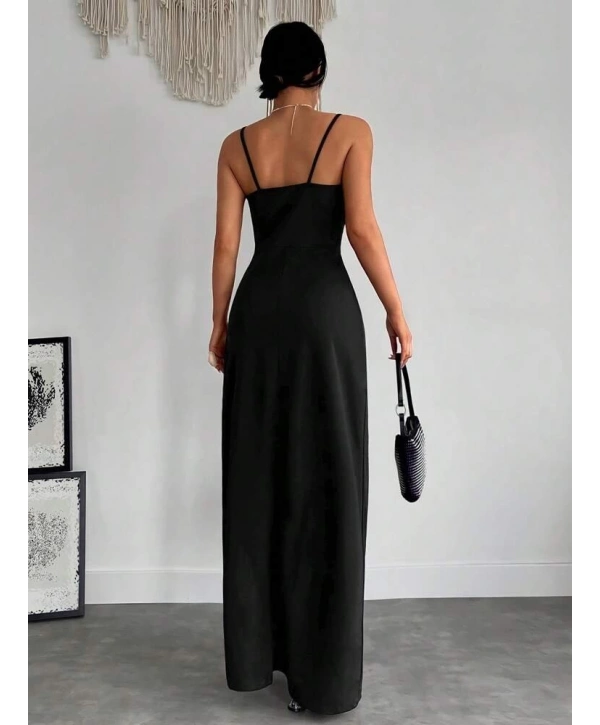 Kadın Askılı Kruvaze Yaka Derin Yırtmaçlı Krep Elbise