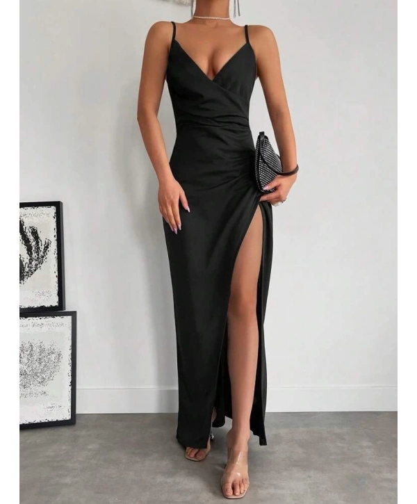 Kadın Askılı Kruvaze Yaka Derin Yırtmaçlı Krep Elbise