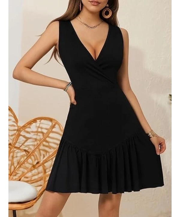 Kadın Askılı Kruvaze Yakalı Fırfırlı Janjan Krep Elbise